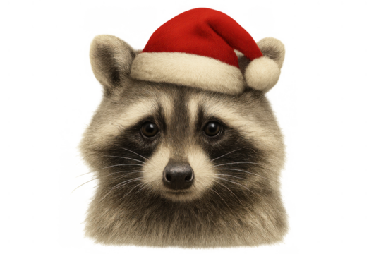 Raccoon wearing a red santa hat, celebrating christmas and winter holidays, isolated on a transparent background