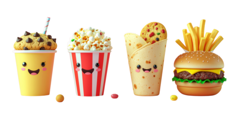 Colorful 3d style fast food icons featuring burgers, tacos, and more