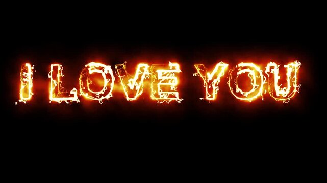 I Love You text with fire sparks effect on plain black background