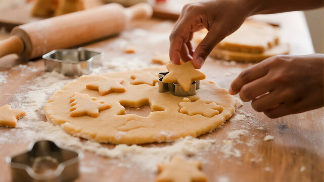 A clean, top-down flat lay of Christmas baking in progress, showing the hands of an African father and his daughter