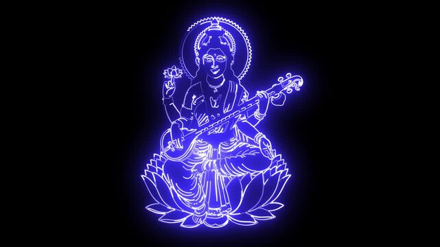 Goddess Saraswati sitting on lotus flower and playing veena symbol with glowing blue neon light path effect on plain black background