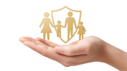 Family Protection: Hand Holding Shield with Family Icon
