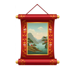 Chinese Landscape Scroll Painting, Asian Art, Vintage Illustration Style, Red Scroll with Floral Pattern