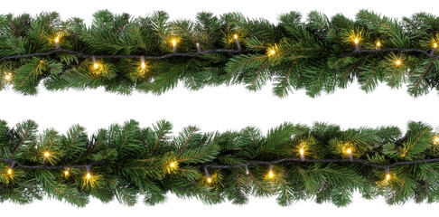 Seamless decorative christmas border with coniferous branches and garlands on transparent background, cutout