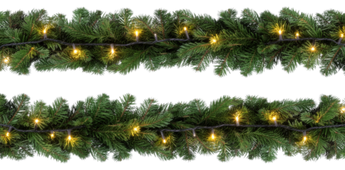 Seamless decorative christmas border with coniferous branches and garlands on transparent background, cutout