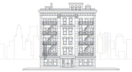 Detailed architectural drawing of a classic building with fire escapes and windows