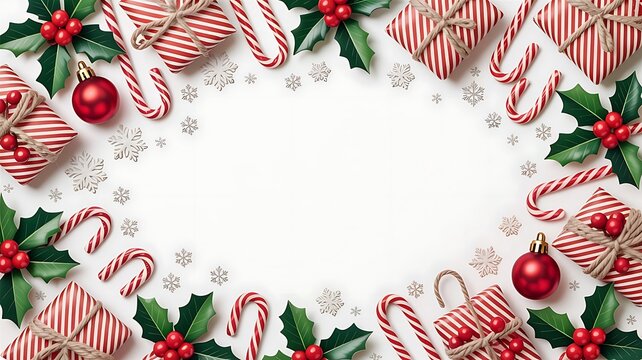 Christmas frame with gifts, candy canes, holly and baubles isolated on white background