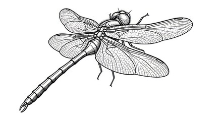 Detailed black and white illustration of a dragonfly on white background