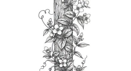 Detailed black and white illustration of climbing flowers on a wooden post