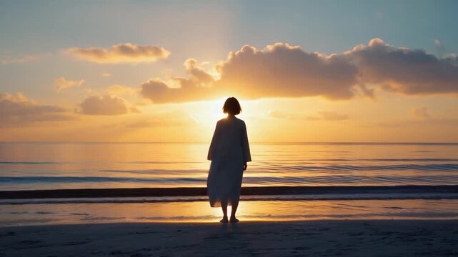 Single silhouette of a person standing peacefully on a sandy beach watching a brilliant ocean sunset or sunrise