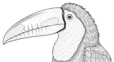 Detailed close up grayscale illustration of a toucan bird isolated on white background
