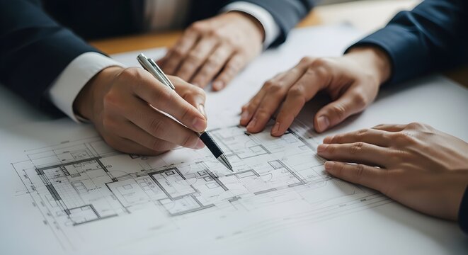 Business Professionals Reviewing Blueprint or Architectural Floor Plan