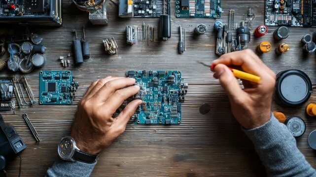Person working on a blue printed circuit board at a cluttered wooden workbench with electronics tools.