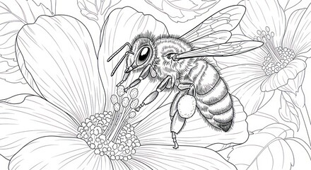 Detailed illustration of a bee pollinating a flower against a white background