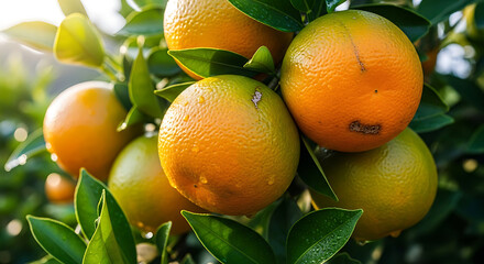 Close up of several oranges hanging on a tree with green leaves in the background