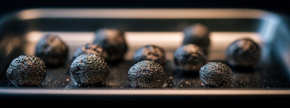 Closeup of metallic textured spheres with shimmering surface, concept of mineral resources, industrial material and futuristic design. banner 