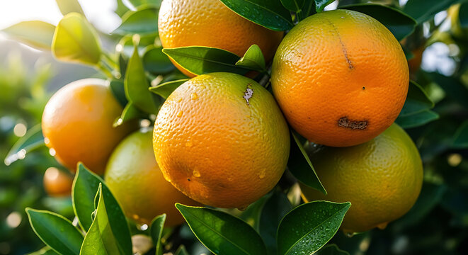 Close up of several oranges hanging on a tree with green leaves in the background