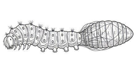 Detailed illustration of a caterpillar and its chrysalis on white background