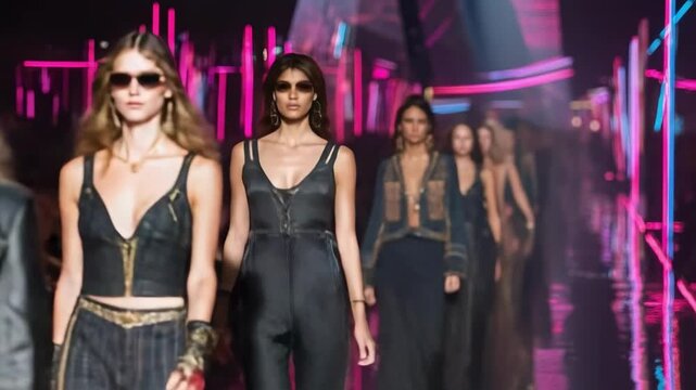 Models walk a neon-lit fashion runway; front model wears a pink bralette with a black leather jacket and jeans, followed by others in line.