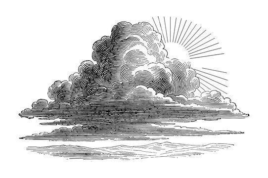 Sunburst behind clouds engraving in black and white with