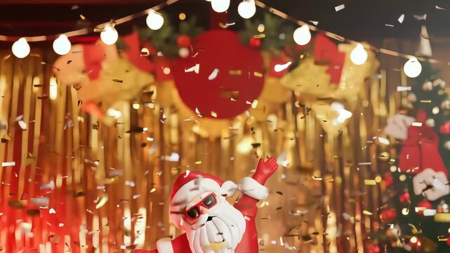 unky Santa Claus character with sunglasses dancing at a Christmas party with golden confetti.【Generative AI】

