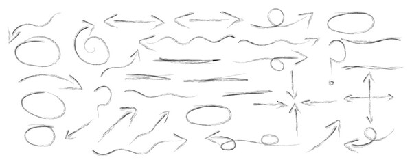 Charcoal hand drawn arrow vector set. Doodle swirls, curved pointers and direction icons with rough charcoal texture, vector on transparent background.
