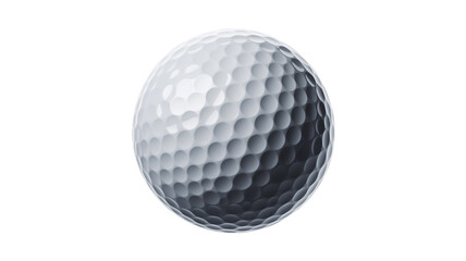 Close up studio shot of a white golf ball with dimples on a white background