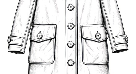 Detailed illustration of a long coat with buttons and pockets design