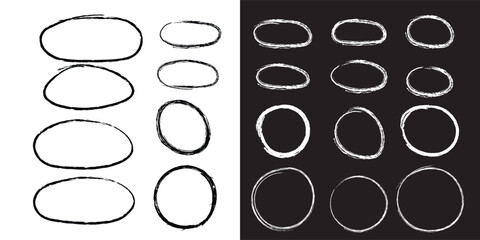 Hand drawn marker and pencil circles and ovals vector set. Rough sketch ellipses and highlight frames for diagrams and emphasis, doodle texture illustration.