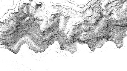 Black and white abstract topographic map lines forming wavy patterns background contour