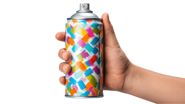 Hand Holding Colorful Spray Paint Can on White