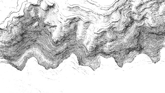 Black and white abstract topographic map lines forming wavy patterns background contour