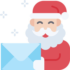 Friendly cartoon santa claus wearing red suit and hat holding a light blue envelope with sparkling festive accents celebrating the holiday season