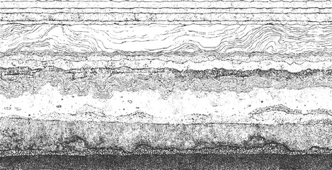 Black and white cross section of geological strata with wavy lines and stippled textures geology layers