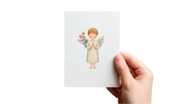 Hand Holding Angel Illustration Card Isolated on White
