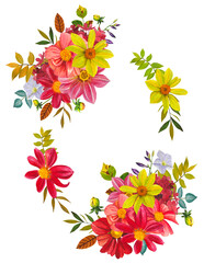Floral  wreath with bright dahlias and leaves. Hand drawn watercolor illustration.