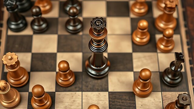 gambit. Chessboard with king piece centered among other pieces, strategic game arrangement. tutorial guides, club newsletters, designed for tourism and weekend activity guides.