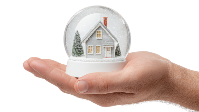 Snow Globe with House in Hand: Miniature Winter Scene Isolated on White