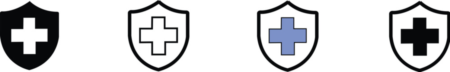 healthcare icon set. medical cross or plus sign inside a sheild icon vector illustration