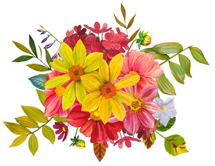 Red, pink, yellow dahlias. Arrangement of bright dahlias, leaves. Hand drawn watercolor illustration.