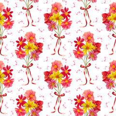 Seamless floral autumn pattern with bouquets of vibrant dahlias, red bows. Hand drawn watercolor illustration.