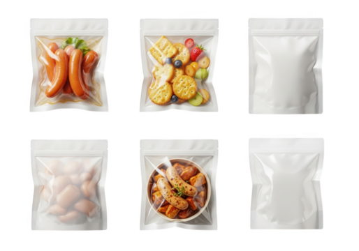 Six food pouches with various foods and blank pouches isolated on transparent background