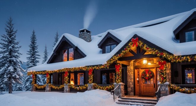 Beautiful winter cabin decorated with christmas lights and snow at night scene