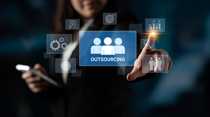 Outsourcing concept showing collaboration, delegation, global workforce, productivity, and task...