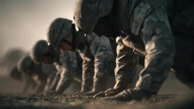 Soldiers in camouflage crawl on the ground during a military training exercise.