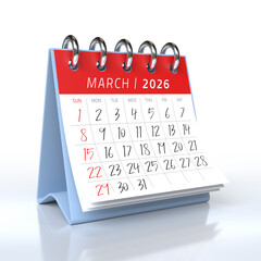 Desktop calendar showing March 2026 isolated on white background