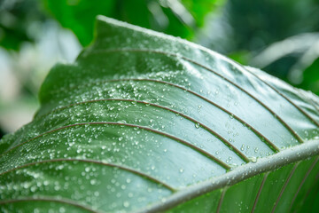 Green plant leaf with water drop moist fresh environment in rainy season