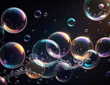 Glossy, iridescent spheres float against a deep, dark background