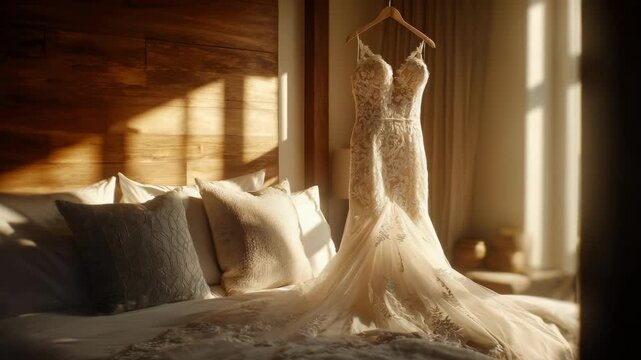 A wedding dress on a hanger in a sunlit bedroom, lace bodice with a long flowing train spilling onto the bed.