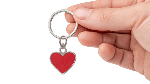 Hand Holding Keychain with Red Heart Pendant on White